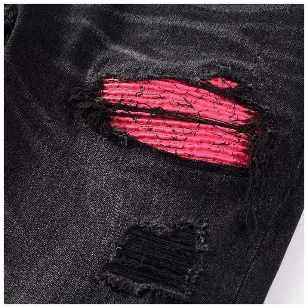 Pink patch men's biker jeans