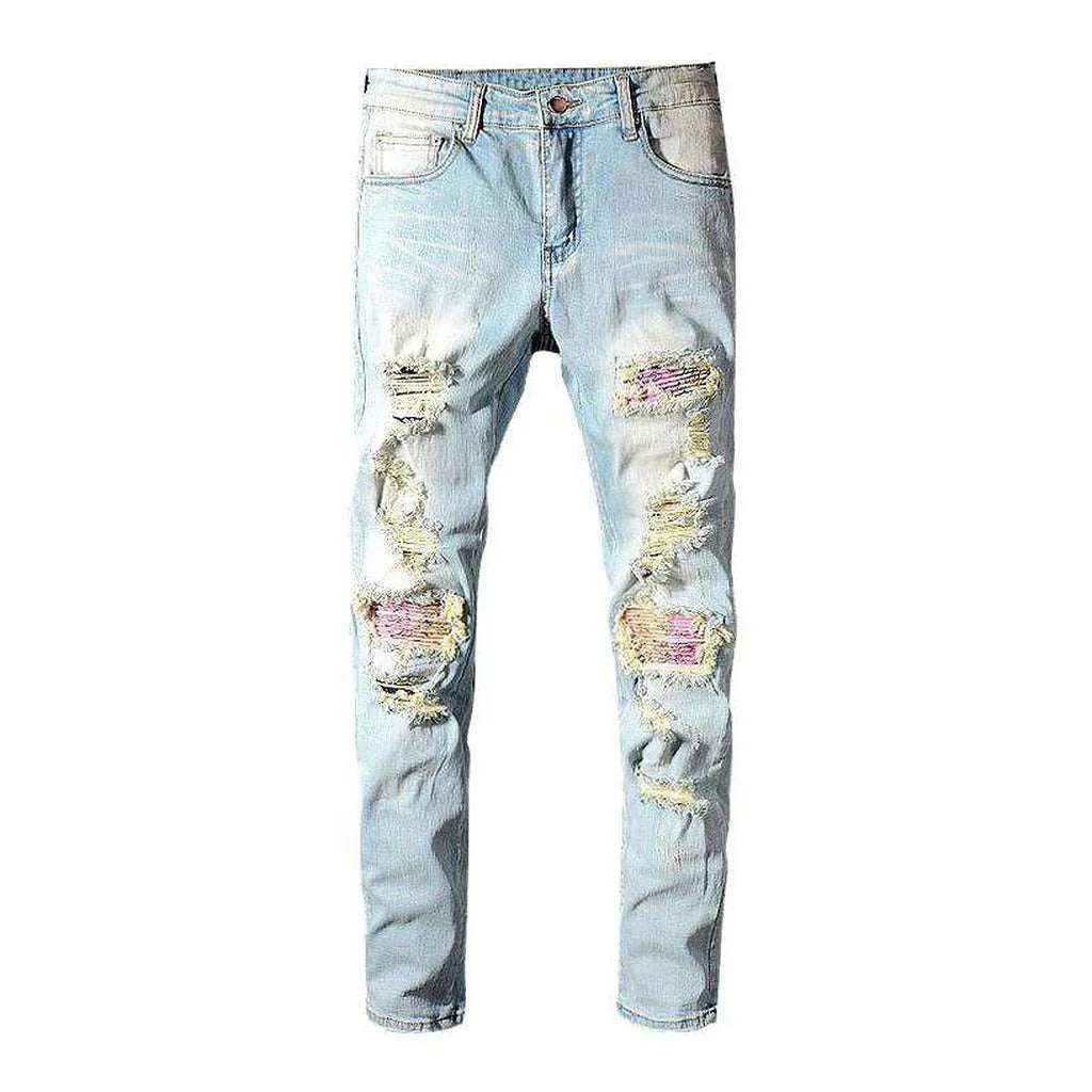 Pink patchwork distressed men's jeans