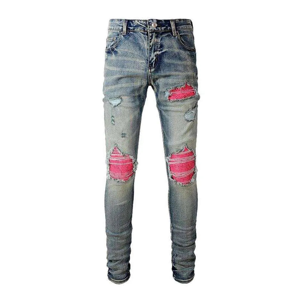 Pink patchwork knees men's jeans