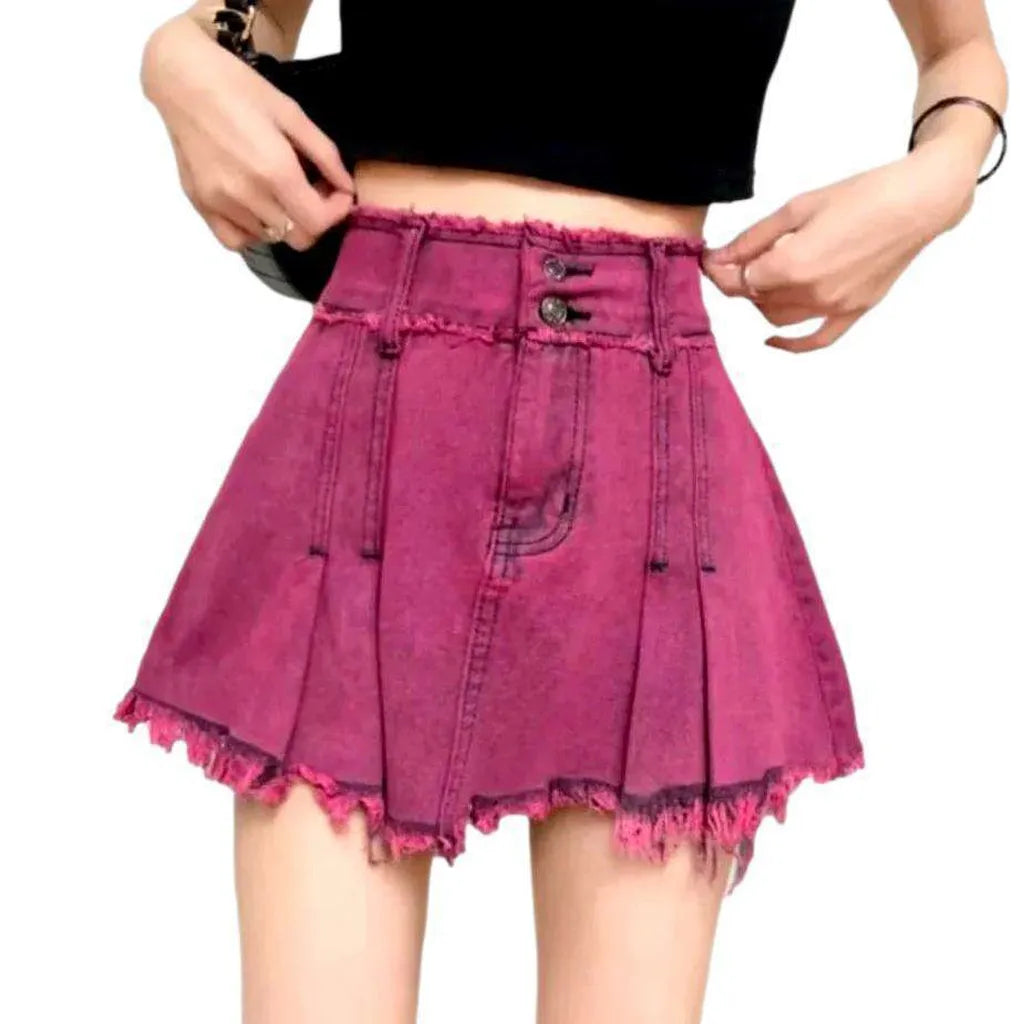Pleated over-dyed pink denim skirt