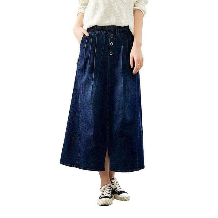 Pleated waistline long denim skirt