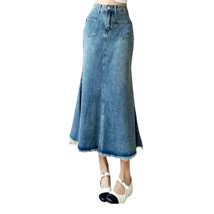 Raw-hem sanded denim skirt