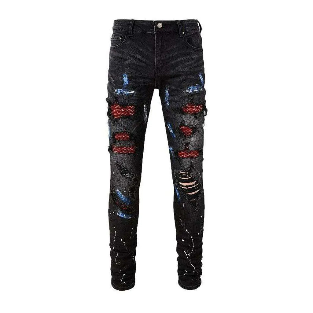 Red crystal patchwork men's jeans