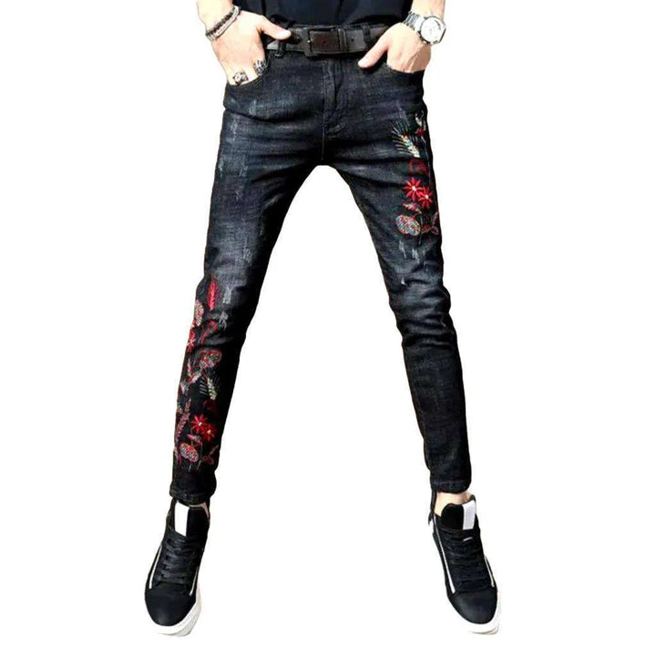 Red embroidery skinny men's jeans