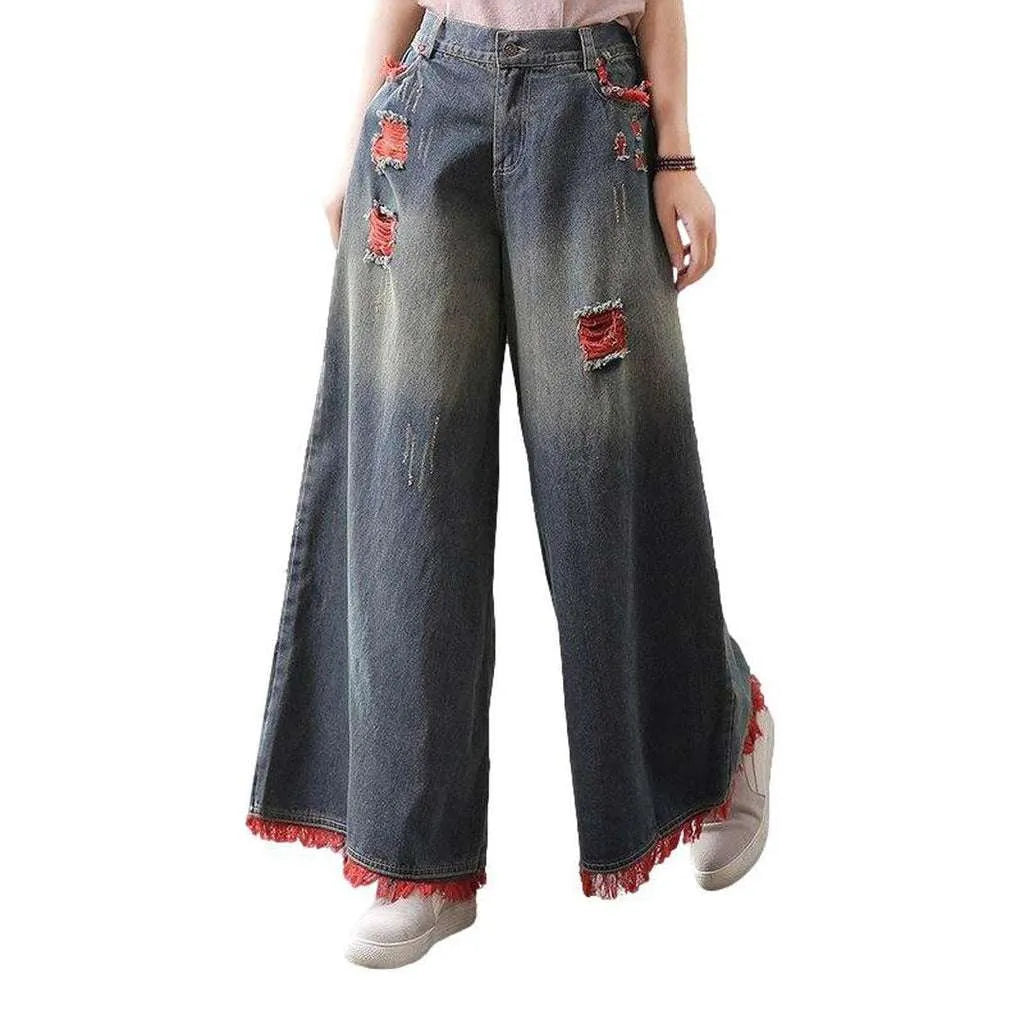 Red ripped women's culottes jeans