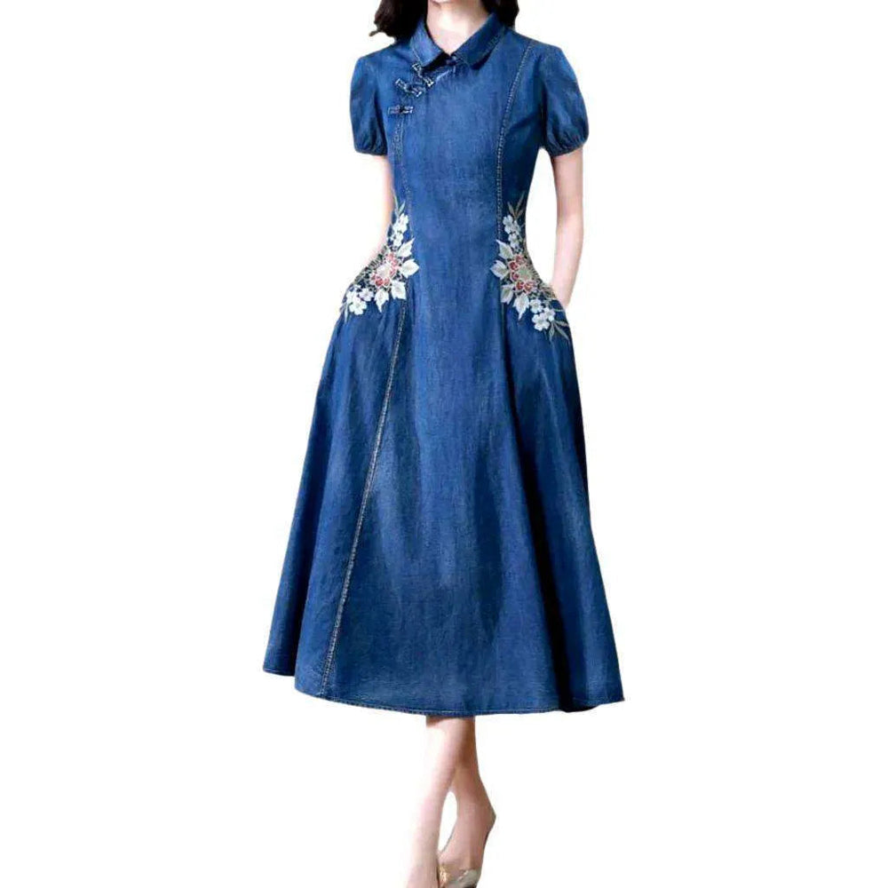 Retro Bell-shaped Denim Dress - Blue