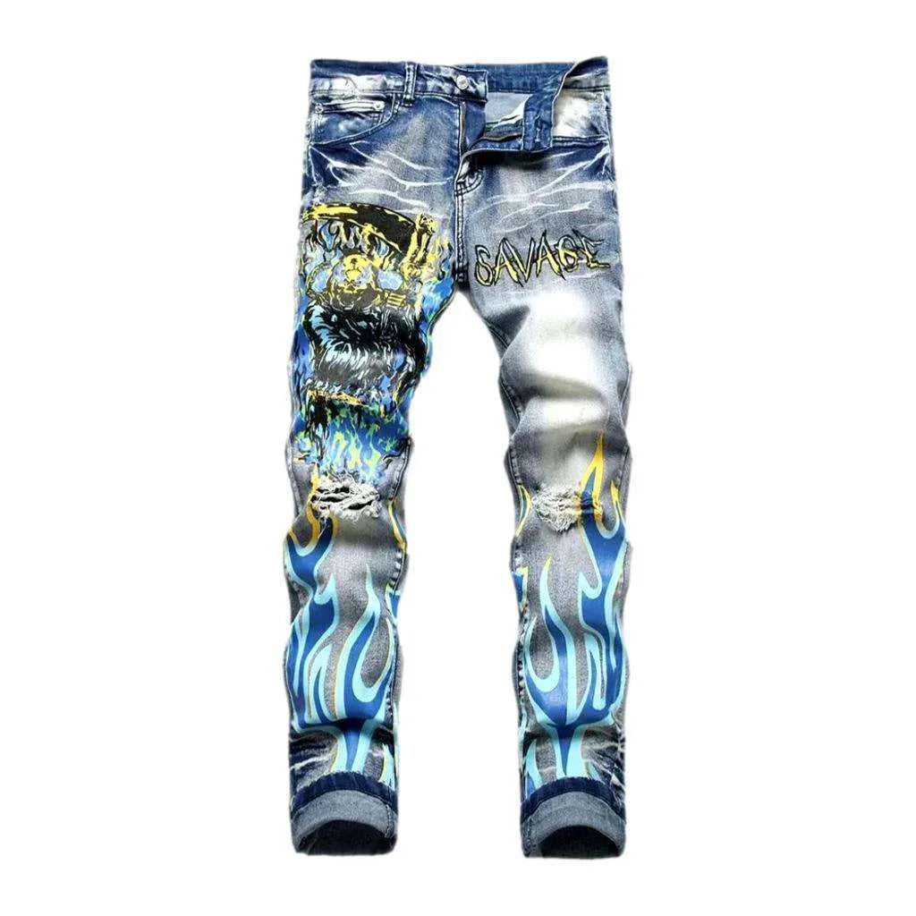 Ripped blue flame print jeans
 for men