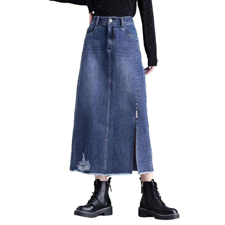 Ripped edge long denim skirt