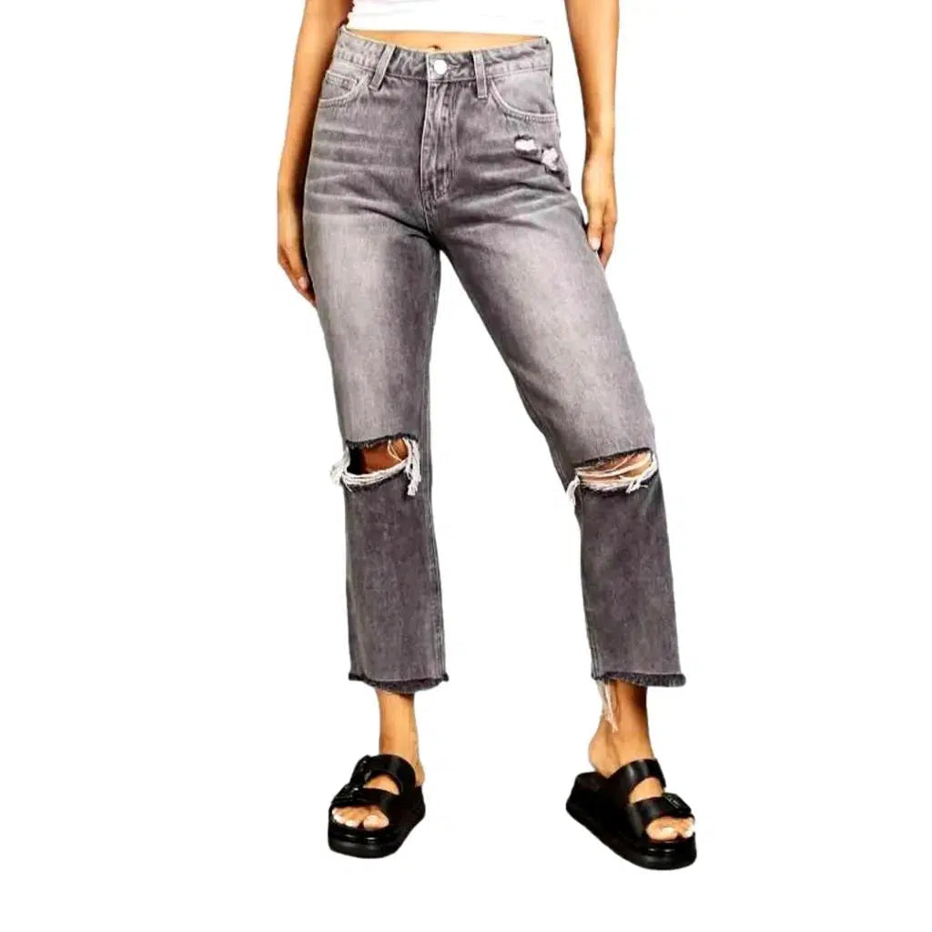 Ripped-knees straight jeans
 for women