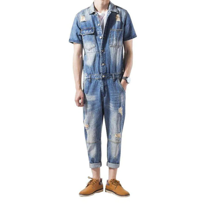 Ripped Men's Jeans Jumpsuit - Light Blue