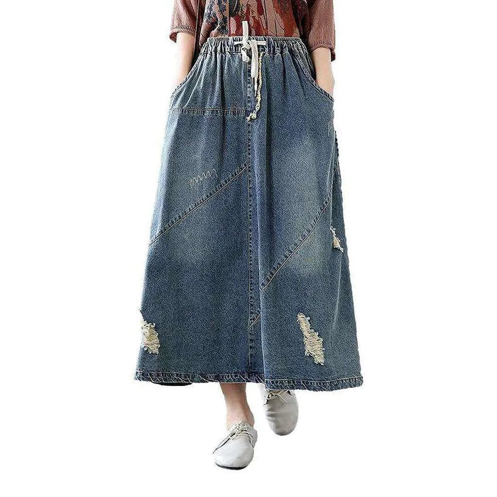 Ripped patchwork long denim skirt