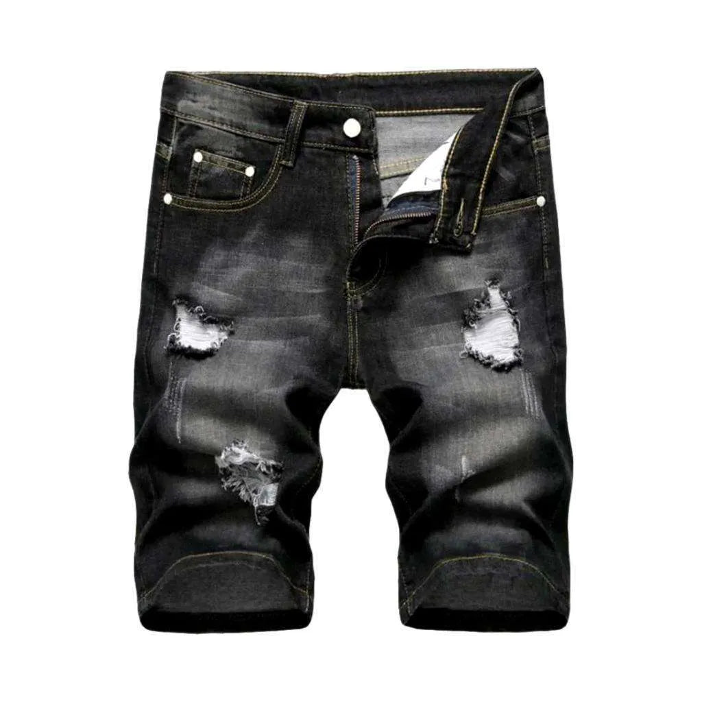 Ripped slim men's denim shorts