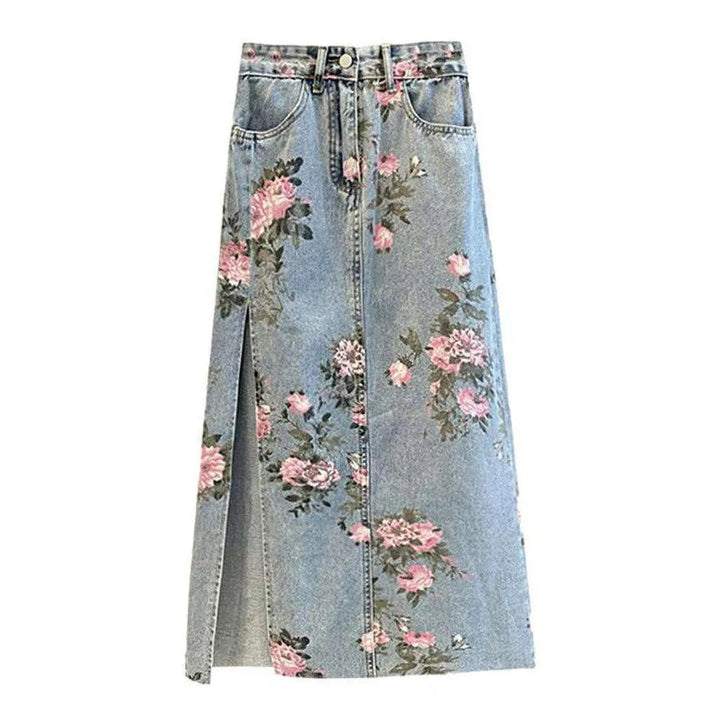 Rose-painted long denim skirt