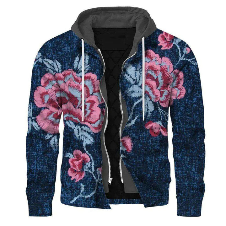 Rose print hooded denim jacket