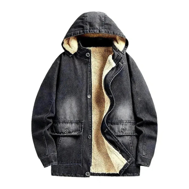 Sanded hooded men's denim jacket
