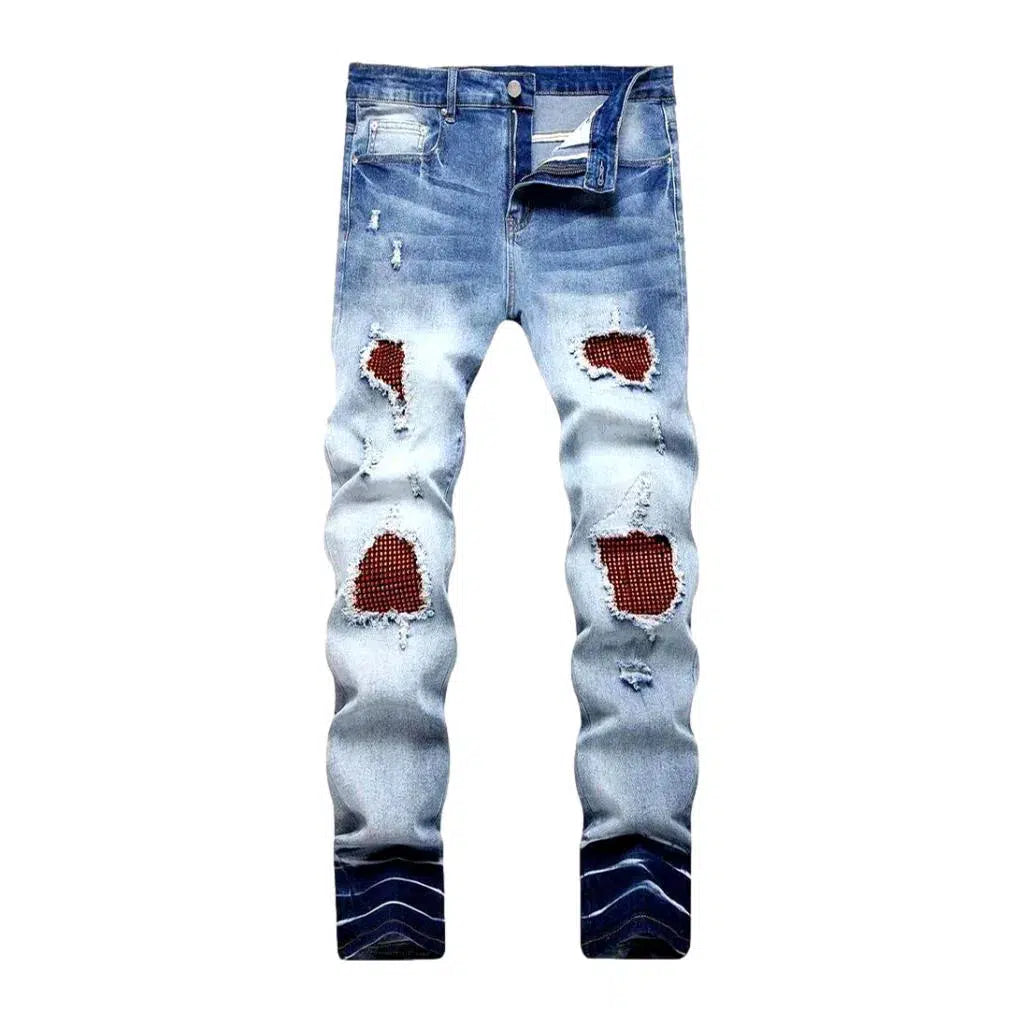 Sanded men's red-crystal-patch jeans
