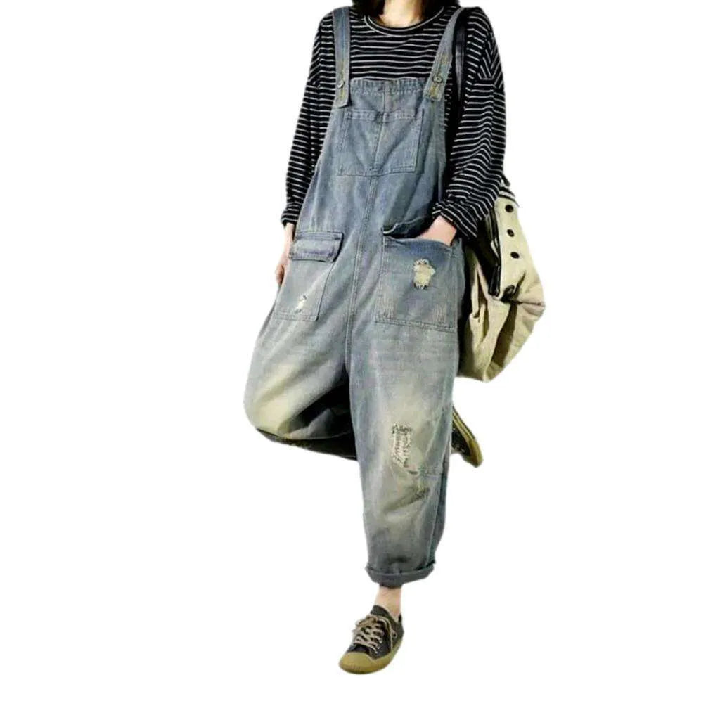 Sanded vintage denim jumpsuit
 for women