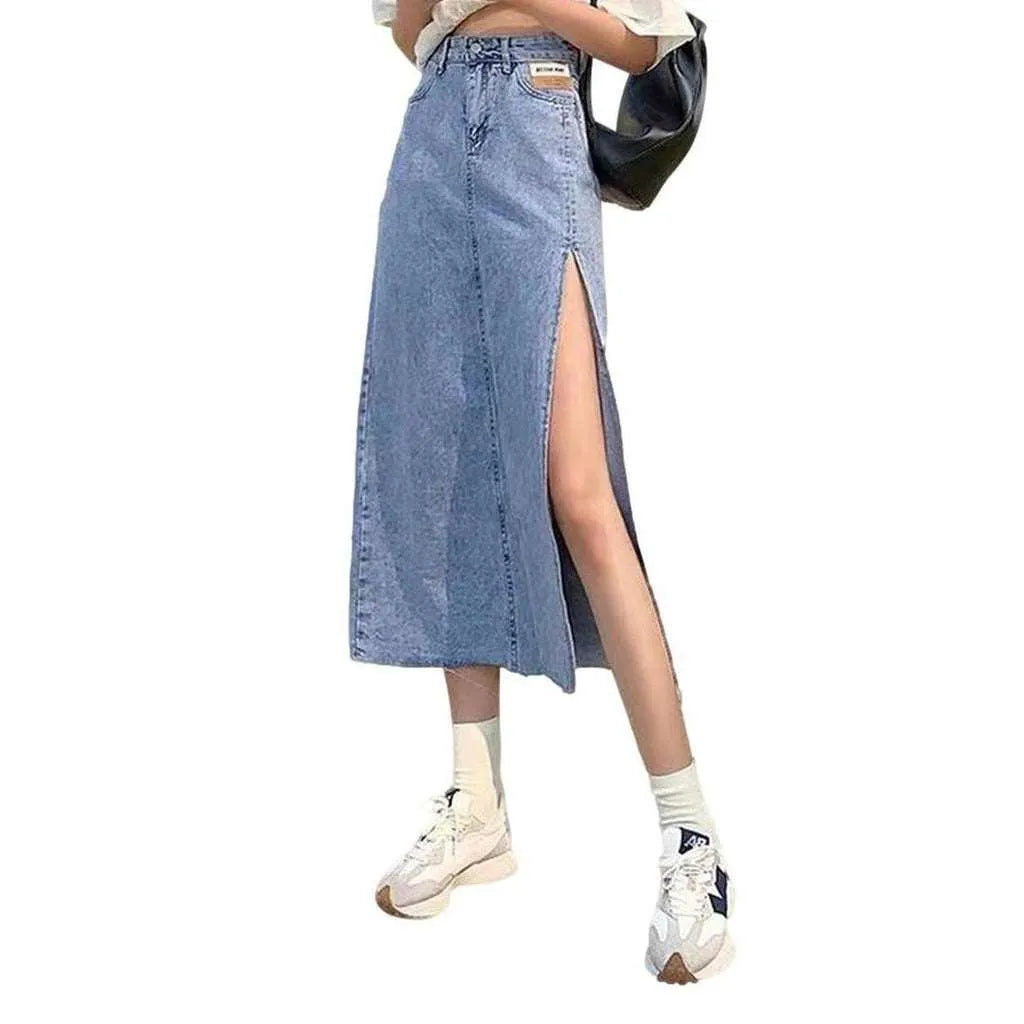 Side slit long jeans skirt