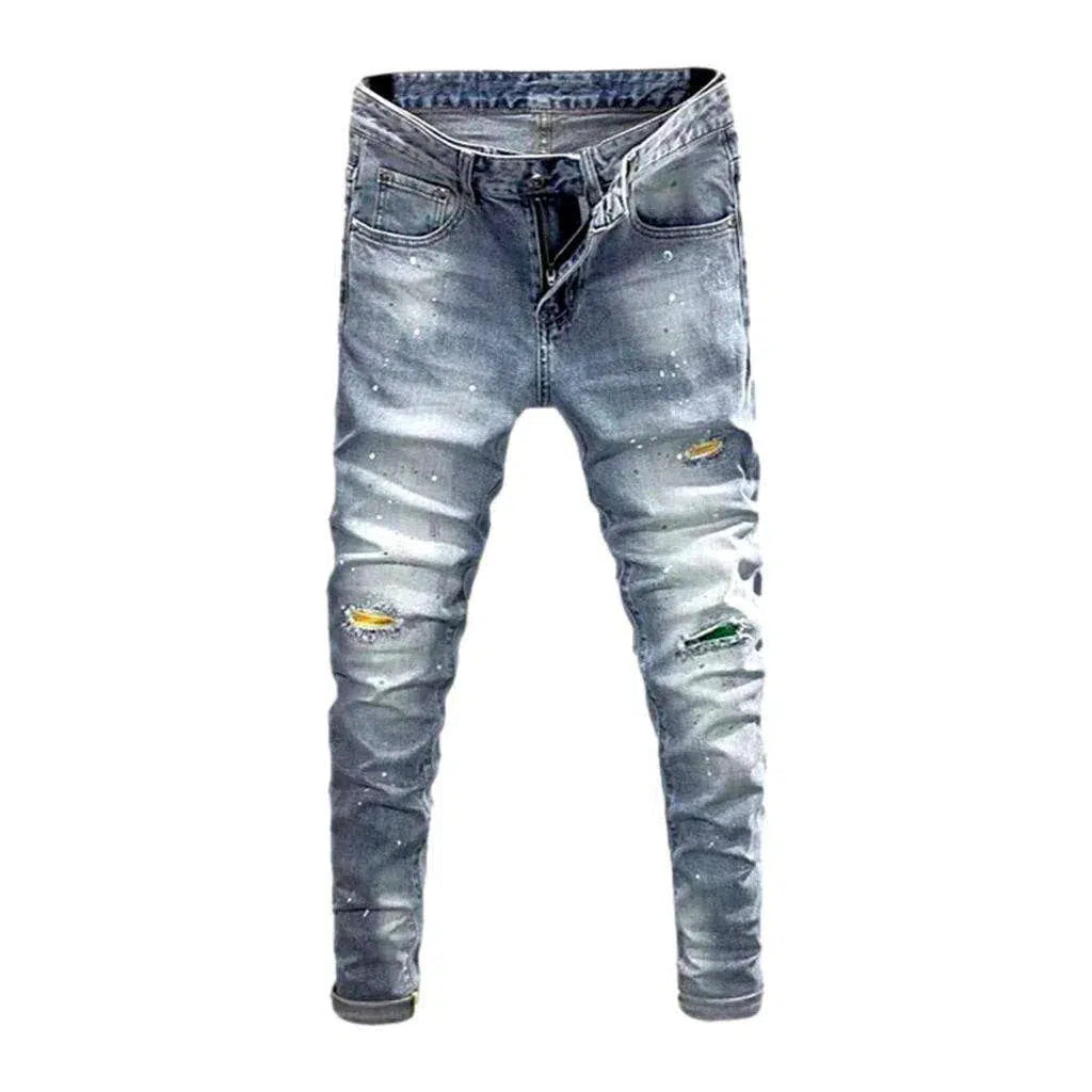 Skinny color men's patches jeans