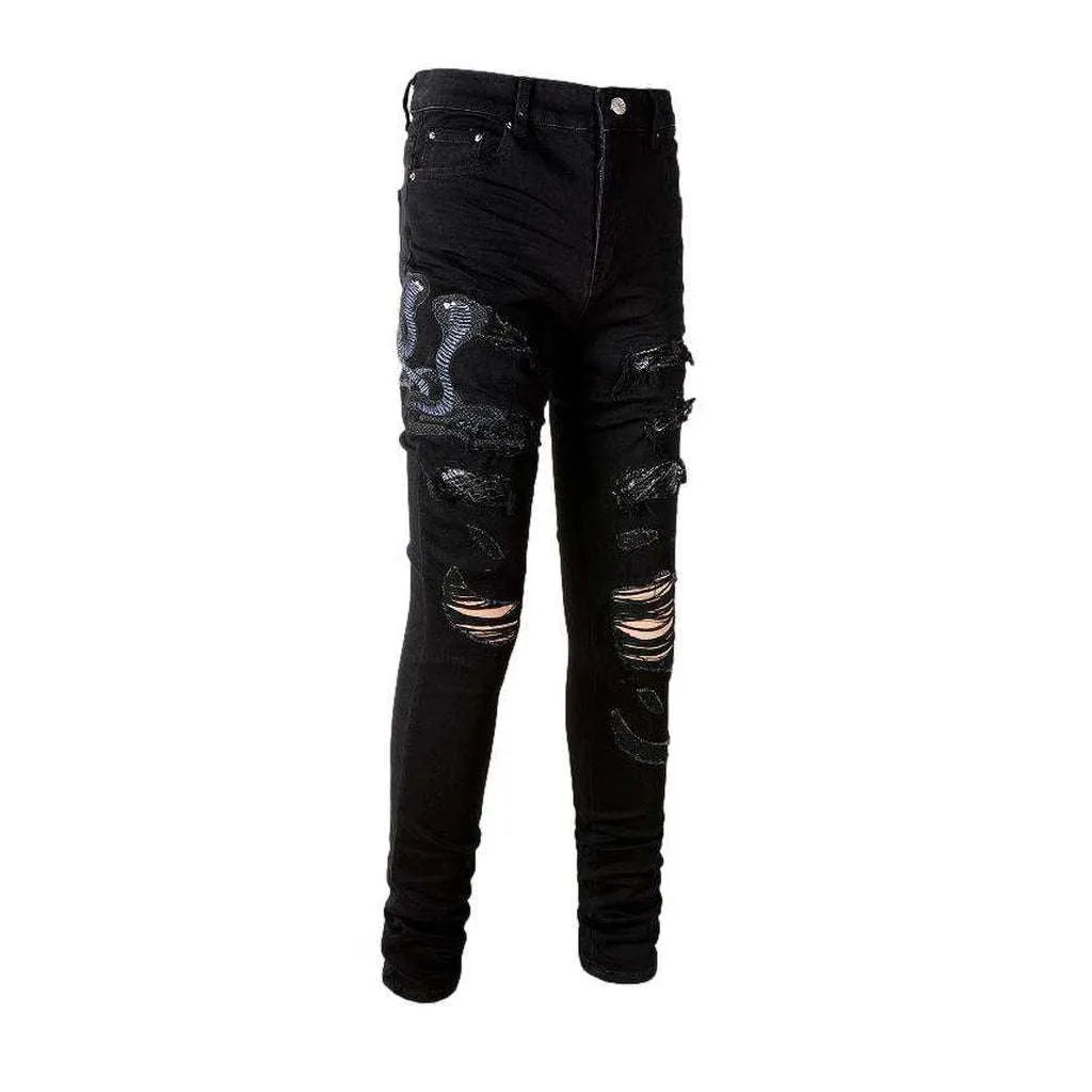 Snake embroidery ripped men's jeans