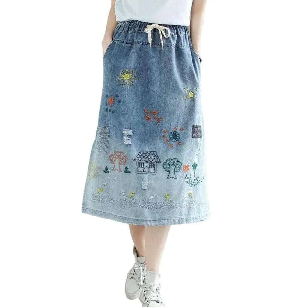 Street fashion embroidered jeans skirt