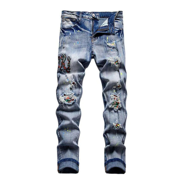 Streetwear embroidered ripped men's jeans