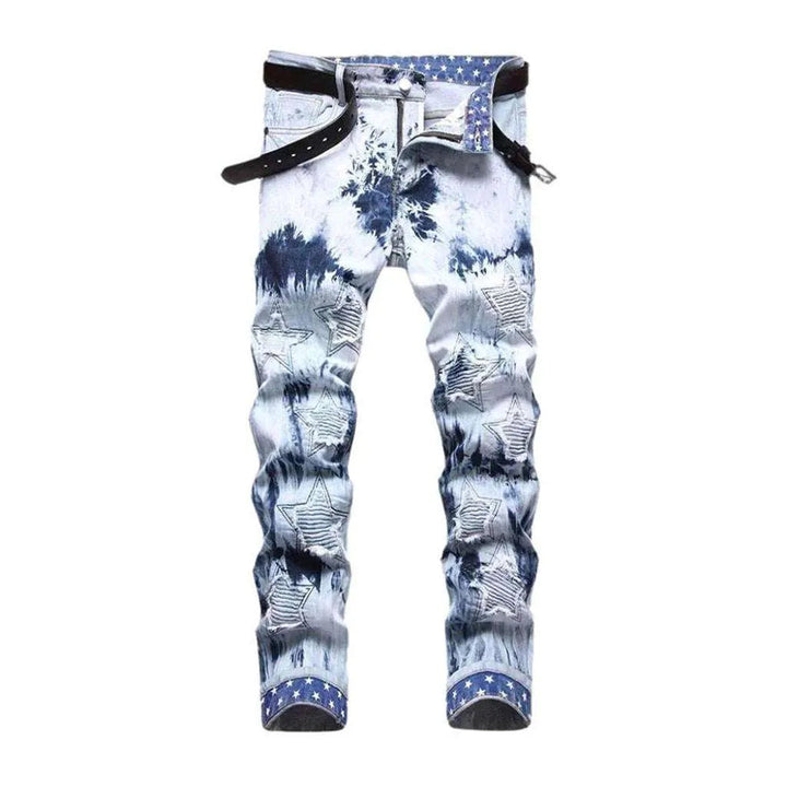 Tie-dyed star embroidery men's jeans