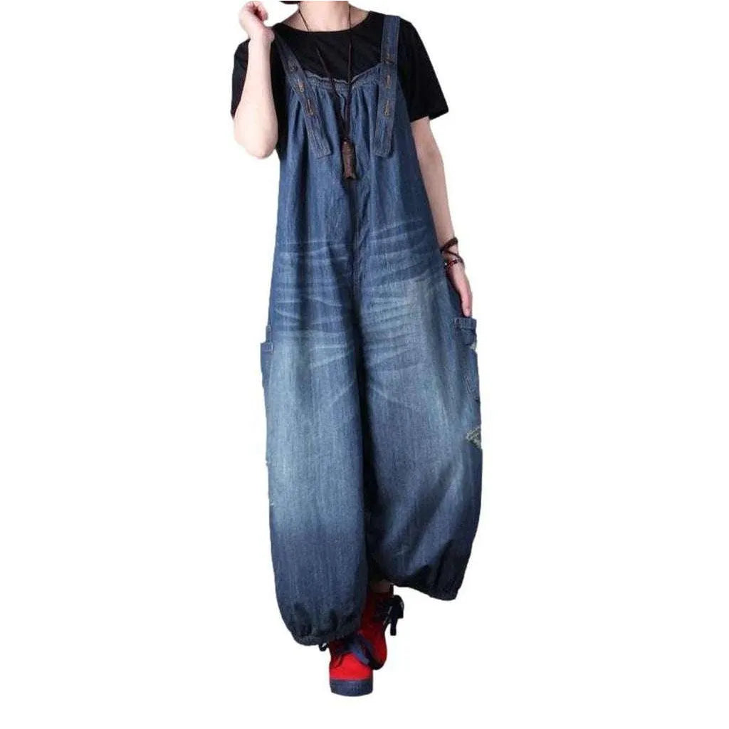 Baggy Medium Wash Jeans Dungaree for Ladies - Blue