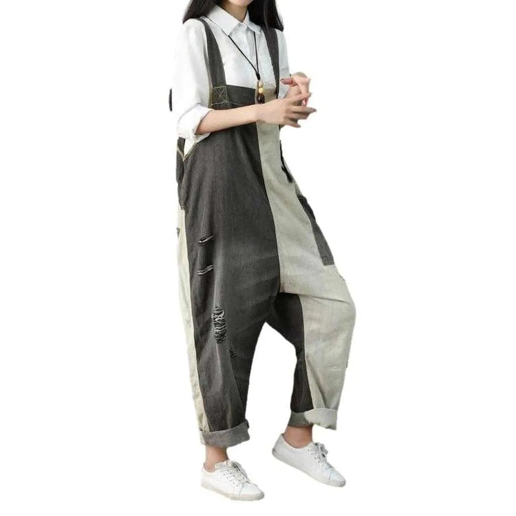 Two color baggy denim overall