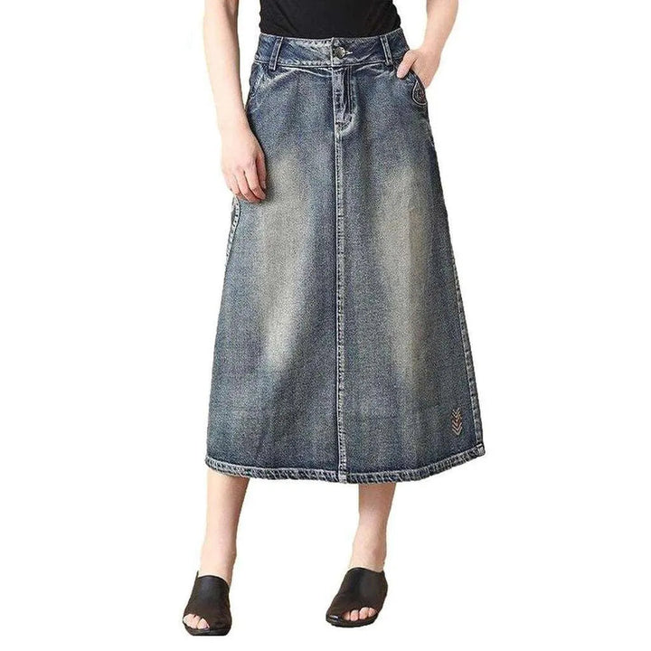 Vintage embroidered long denim skirt
