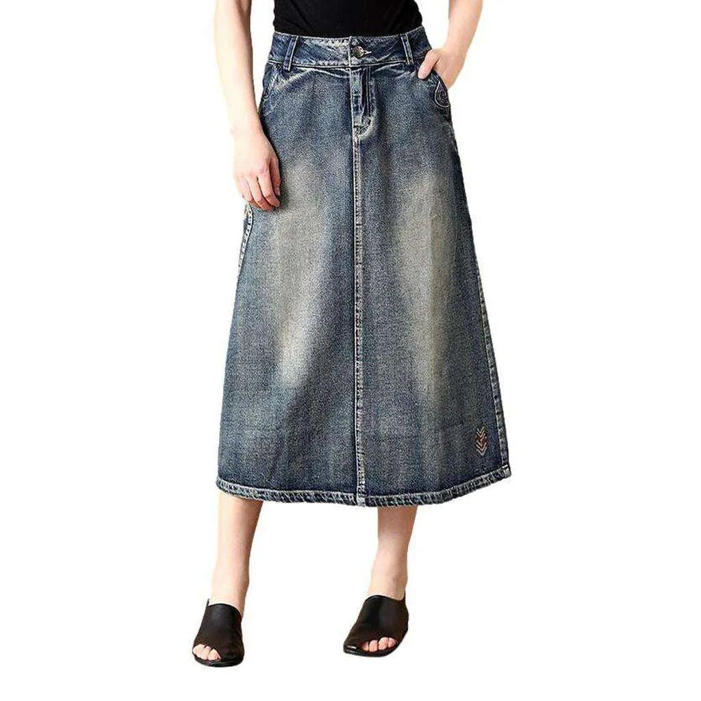 Vintage embroidered long jean skirt