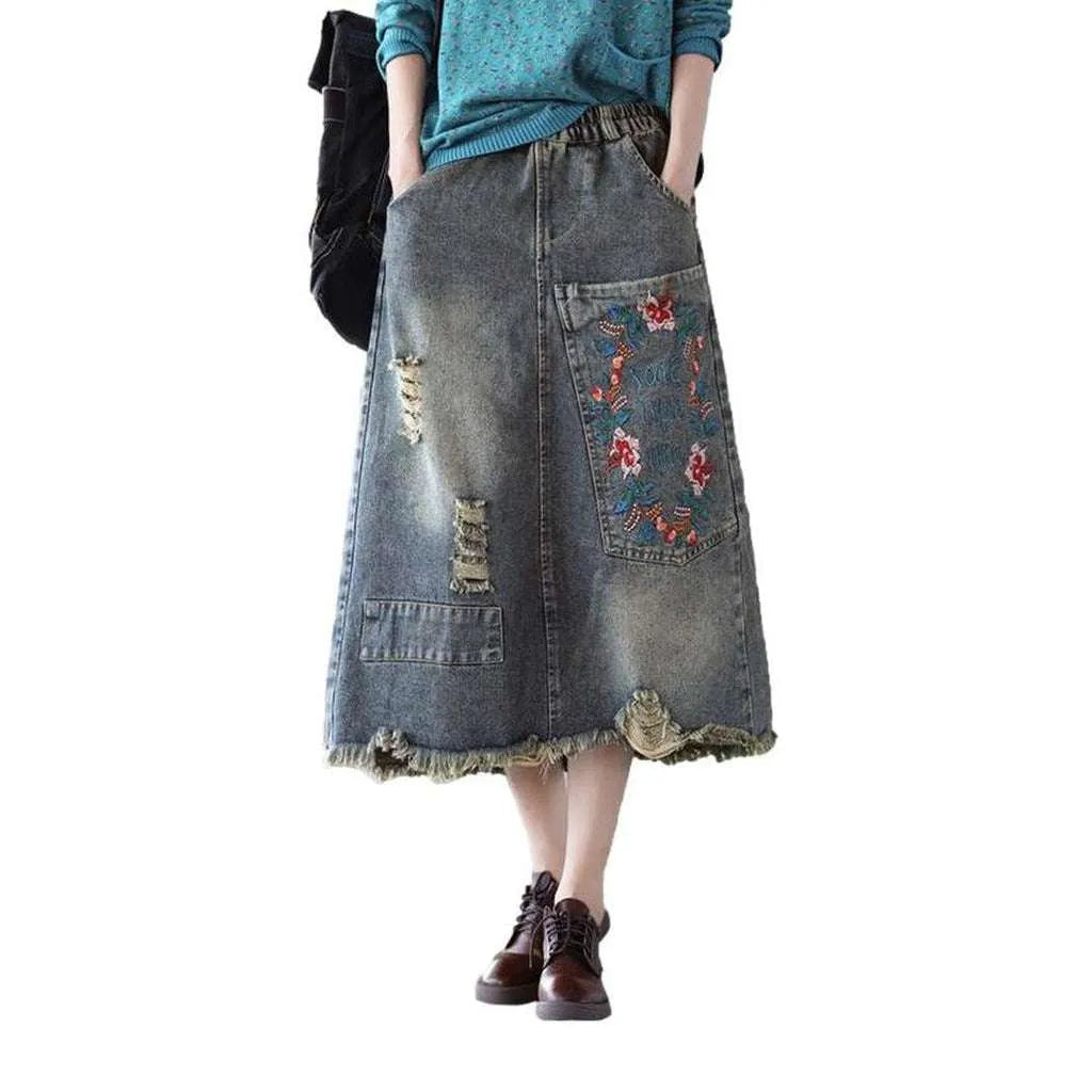 Vintage embroidered long jeans skirt
