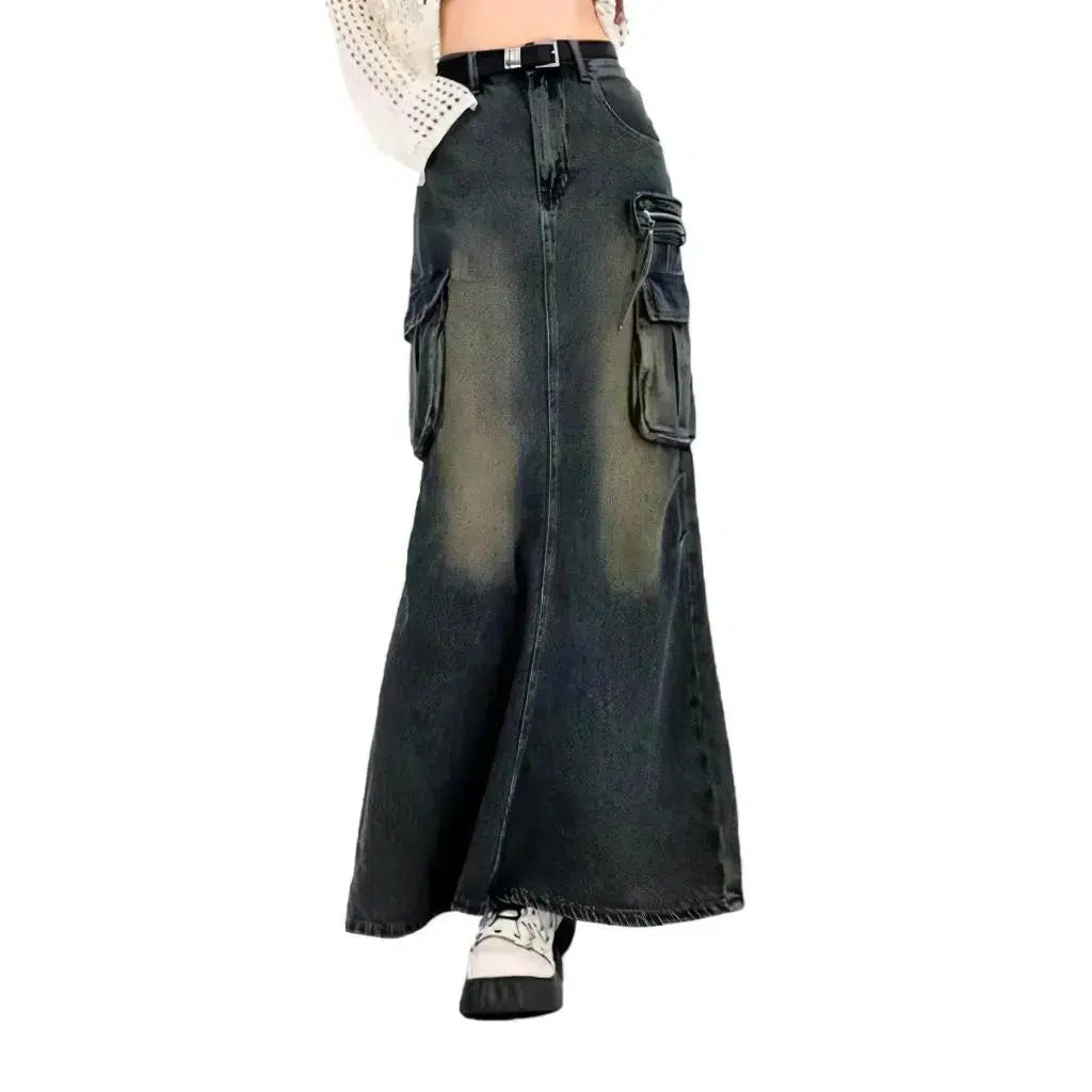 Voluminous back-slit women's jean skirt
