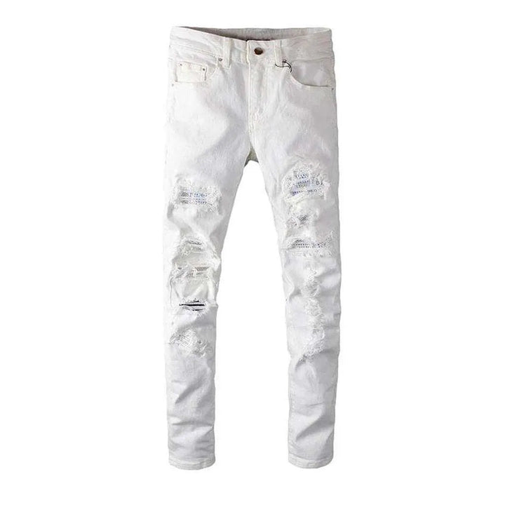 White crystal patchwork men's jeans
