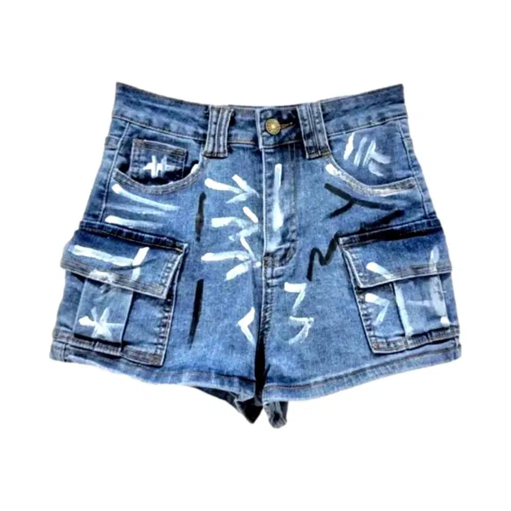 Wide-leg graffiti-print denim shorts