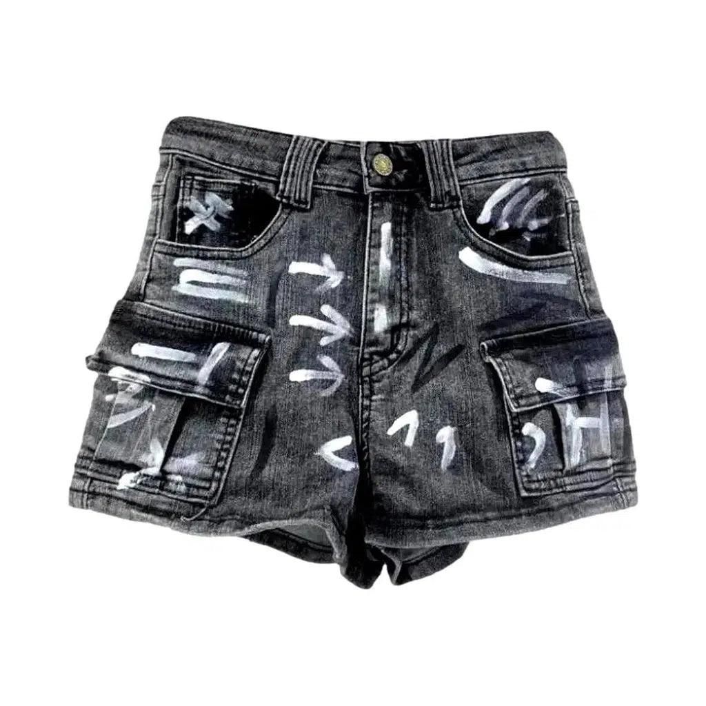 Wide-leg graffiti-print denim shorts