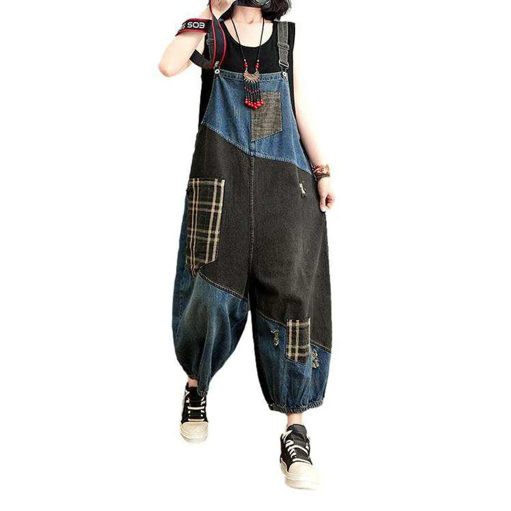 Women's Patchwork Denim Dungaree - Blue