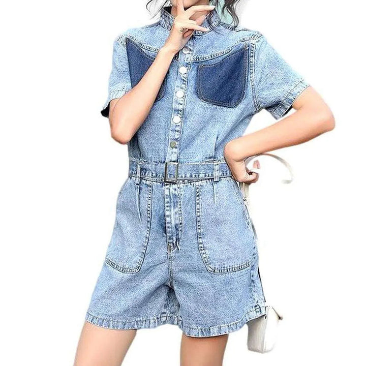 Y2k Women's Loose Jean Romper - Light Blue