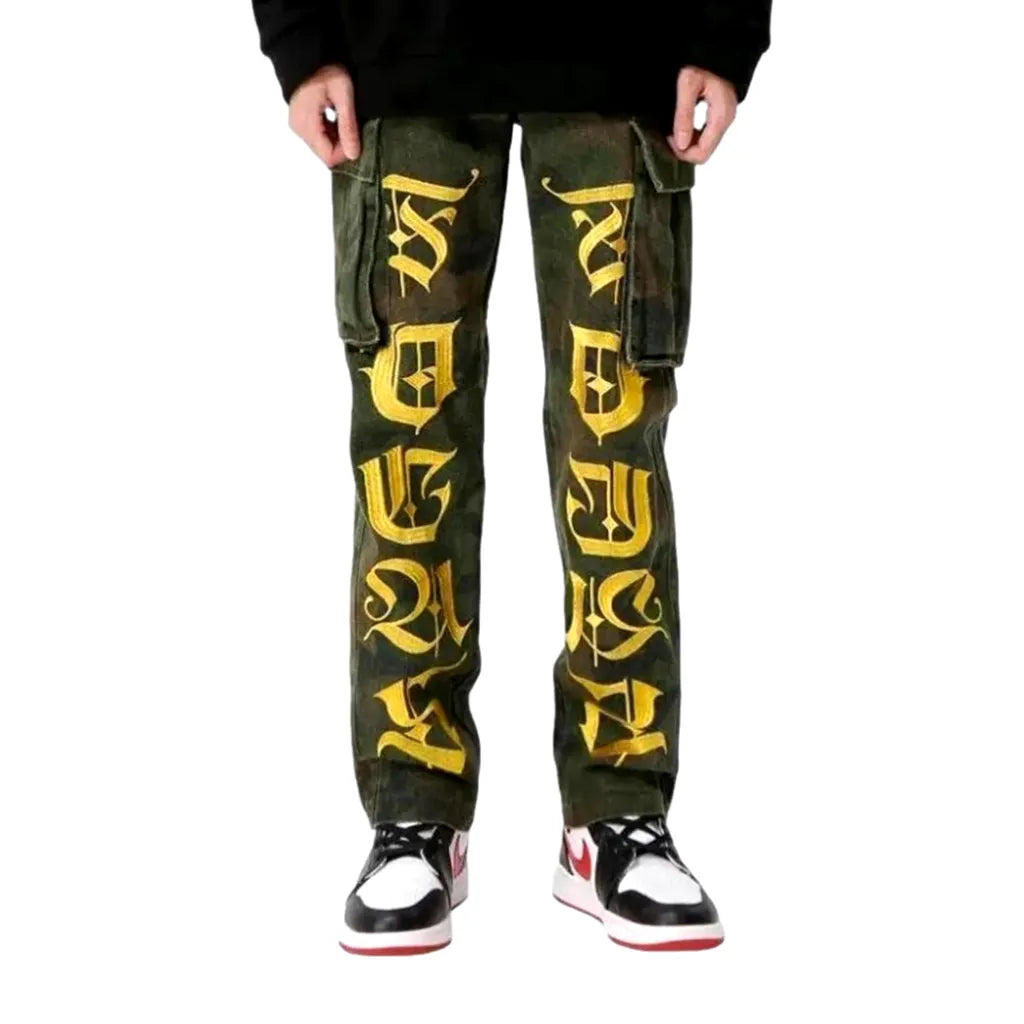 Yellow-print men's mid-waist jeans